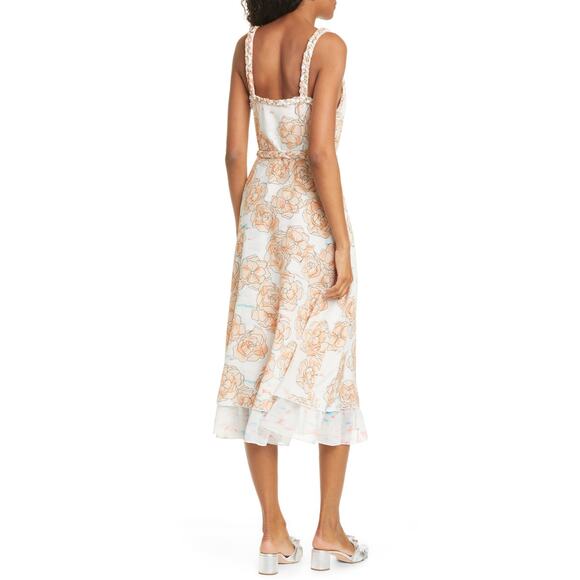 Dyvna Chacha Dress Womens Size 10 Peach Floral Braided Strap Belted Silk Midi - Picture 4 of 16